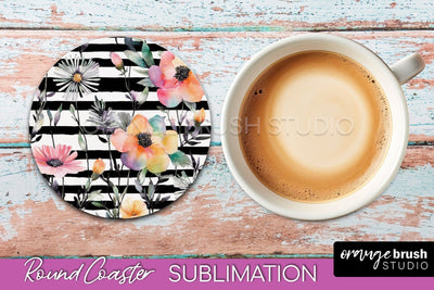 Watercolor Flowers Round Coaster - Floral Pink Sublimation Sublimation OrangeBrushStudio 