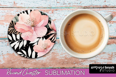 Watercolor Flowers Round Coaster - Floral Pink Sublimation Sublimation OrangeBrushStudio 