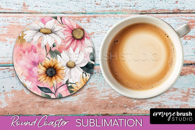 Watercolor Flowers Round Coaster - Floral Pink Sublimation Sublimation OrangeBrushStudio 