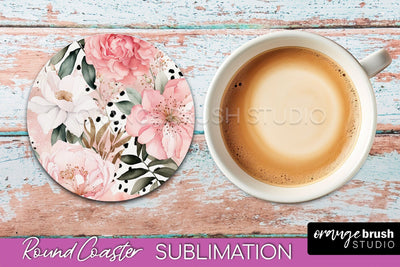 Watercolor Flowers Round Coaster - Floral Pink Sublimation Sublimation OrangeBrushStudio 