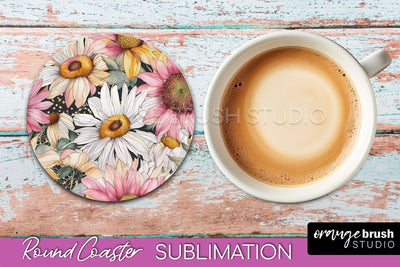 Watercolor Flowers Round Coaster - Floral Pink Sublimation Sublimation OrangeBrushStudio 
