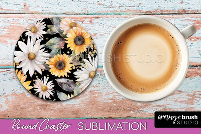 Watercolor Flowers Round Coaster - Floral Pink Sublimation Sublimation OrangeBrushStudio 