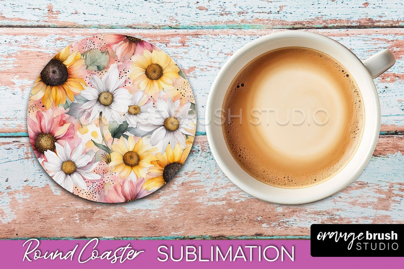 Watercolor Flowers Round Coaster - Floral Pink Sublimation Sublimation OrangeBrushStudio 