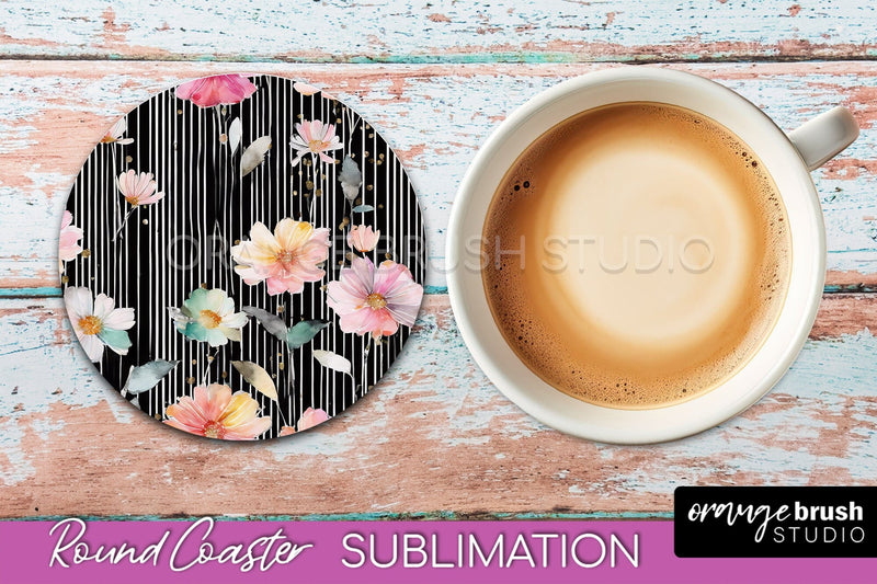 Watercolor Flowers Round Coaster - Floral Pink Sublimation Sublimation OrangeBrushStudio 