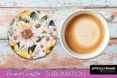 Watercolor Flowers Round Coaster - Floral Pink Sublimation Sublimation OrangeBrushStudio 