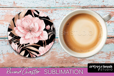 Watercolor Flowers Round Coaster - Floral Pink Sublimation Sublimation OrangeBrushStudio 