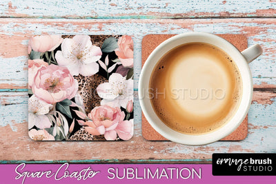 Watercolor Flowers Square Coaster - Floral Pink Sublimation Sublimation OrangeBrushStudio 