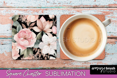 Watercolor Flowers Square Coaster - Floral Pink Sublimation Sublimation OrangeBrushStudio 