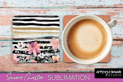Watercolor Flowers Square Coaster - Floral Pink Sublimation Sublimation OrangeBrushStudio 