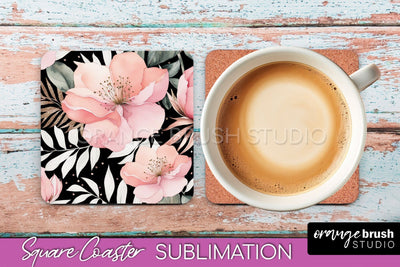 Watercolor Flowers Square Coaster - Floral Pink Sublimation Sublimation OrangeBrushStudio 