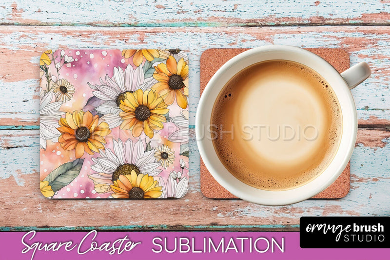 Watercolor Flowers Square Coaster - Floral Pink Sublimation Sublimation OrangeBrushStudio 