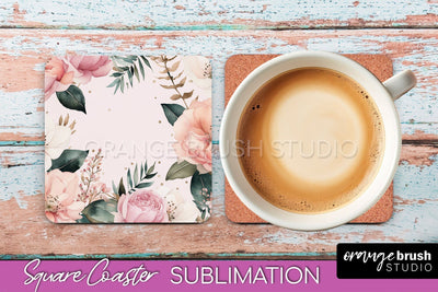 Watercolor Flowers Square Coaster - Floral Pink Sublimation Sublimation OrangeBrushStudio 