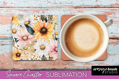 Watercolor Flowers Square Coaster - Floral Pink Sublimation Sublimation OrangeBrushStudio 