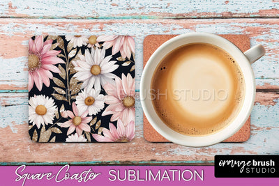 Watercolor Flowers Square Coaster - Floral Pink Sublimation Sublimation OrangeBrushStudio 