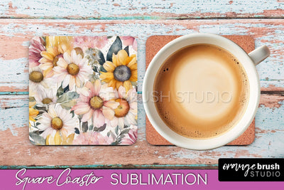 Watercolor Flowers Square Coaster - Floral Pink Sublimation Sublimation OrangeBrushStudio 