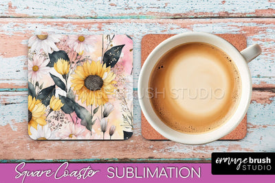 Watercolor Flowers Square Coaster - Floral Pink Sublimation Sublimation OrangeBrushStudio 