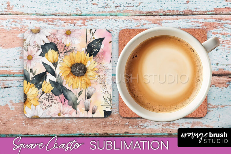 Watercolor Flowers Square Coaster - Floral Pink Sublimation Sublimation OrangeBrushStudio 