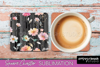 Watercolor Flowers Square Coaster - Floral Pink Sublimation Sublimation OrangeBrushStudio 