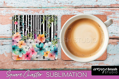 Watercolor Flowers Square Coaster - Floral Pink Sublimation Sublimation OrangeBrushStudio 
