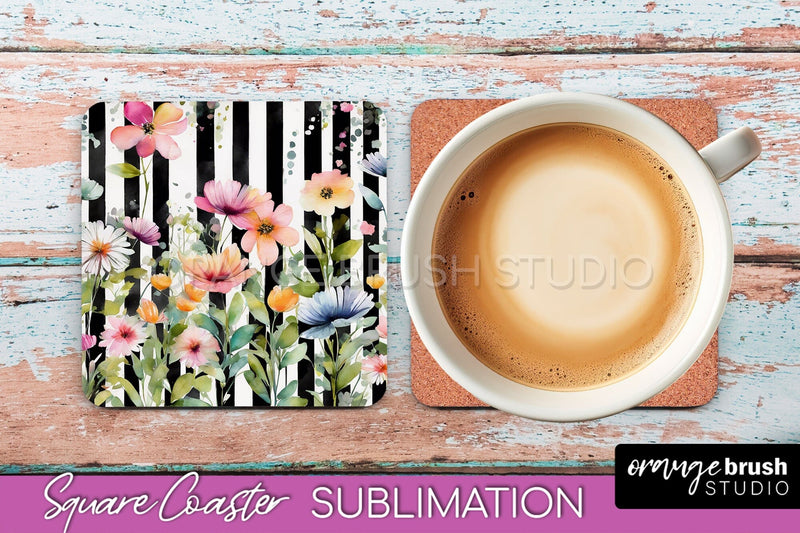 Watercolor Flowers Square Coaster - Floral Pink Sublimation Sublimation OrangeBrushStudio 