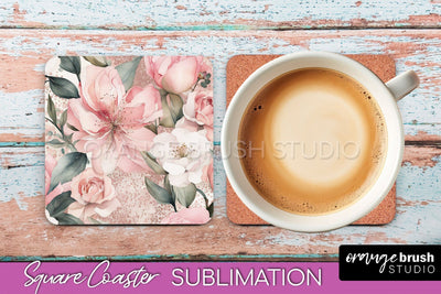 Watercolor Flowers Square Coaster - Floral Pink Sublimation Sublimation OrangeBrushStudio 