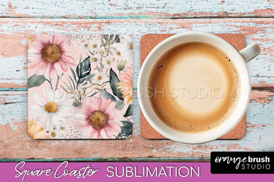 Watercolor Flowers Square Coaster - Floral Pink Sublimation Sublimation OrangeBrushStudio 