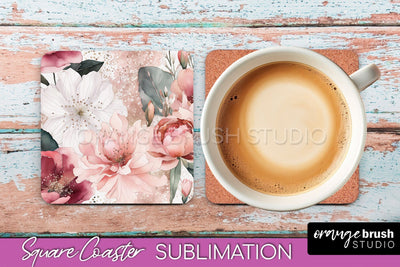 Watercolor Flowers Square Coaster - Floral Pink Sublimation Sublimation OrangeBrushStudio 