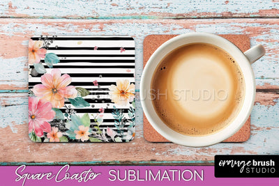 Watercolor Flowers Square Coaster - Floral Pink Sublimation Sublimation OrangeBrushStudio 