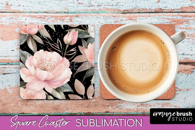 Watercolor Flowers Square Coaster - Floral Pink Sublimation Sublimation OrangeBrushStudio 