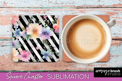 Watercolor Flowers Square Coaster - Floral Pink Sublimation Sublimation OrangeBrushStudio 