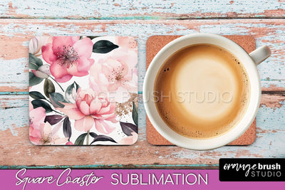 Watercolor Flowers Square Coaster - Floral Pink Sublimation Sublimation OrangeBrushStudio 
