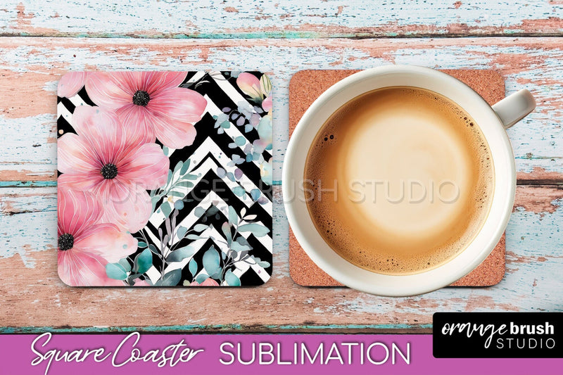 Watercolor Flowers Square Coaster - Floral Pink Sublimation Sublimation OrangeBrushStudio 