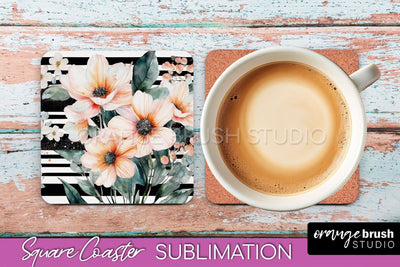 Watercolor Flowers Square Coaster - Floral Pink Sublimation Sublimation OrangeBrushStudio 