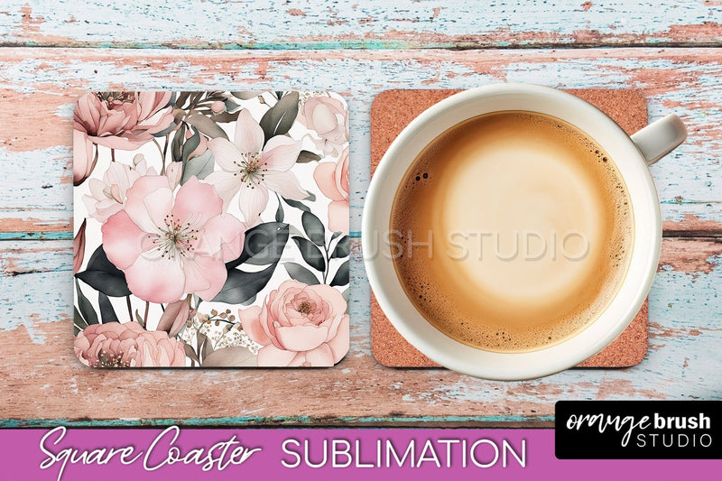 Watercolor Flowers Square Coaster - Floral Pink Sublimation Sublimation OrangeBrushStudio 