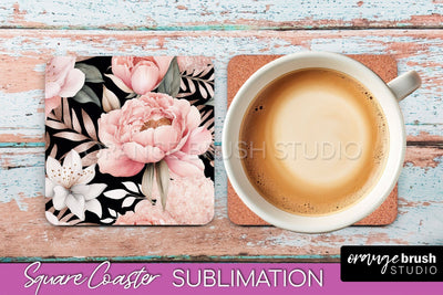 Watercolor Flowers Square Coaster - Floral Pink Sublimation Sublimation OrangeBrushStudio 