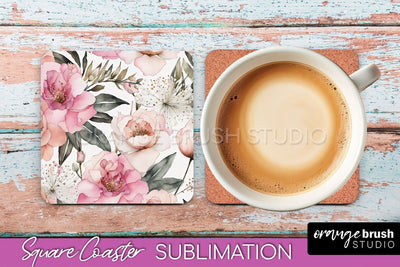 Watercolor Flowers Square Coaster - Floral Pink Sublimation Sublimation OrangeBrushStudio 