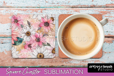 Watercolor Flowers Square Coaster - Floral Pink Sublimation Sublimation OrangeBrushStudio 