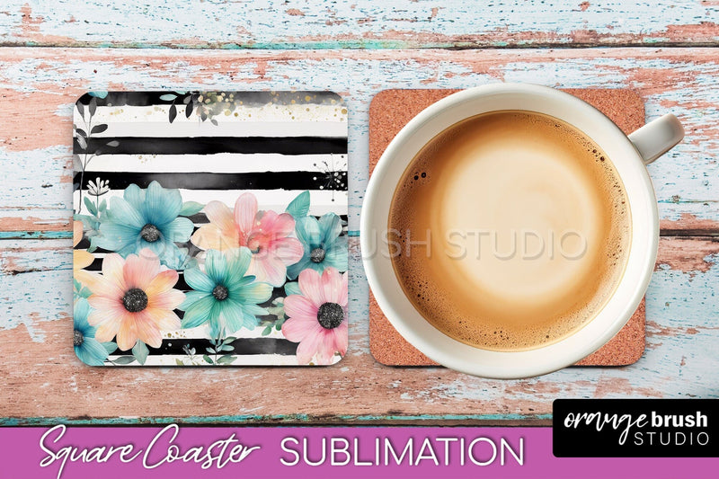 Watercolor Flowers Square Coaster - Floral Pink Sublimation Sublimation OrangeBrushStudio 