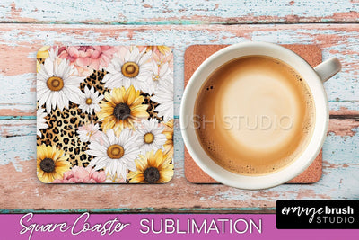 Watercolor Flowers Square Coaster - Floral Pink Sublimation Sublimation OrangeBrushStudio 