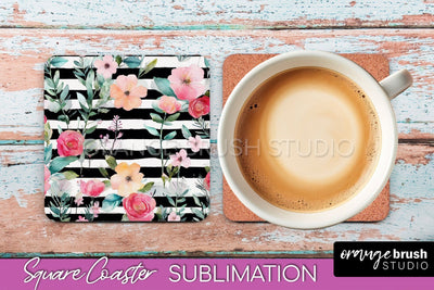 Watercolor Flowers Square Coaster - Floral Pink Sublimation Sublimation OrangeBrushStudio 