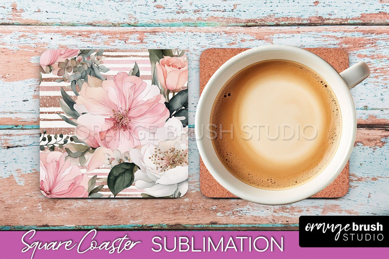 Watercolor Flowers Square Coaster - Floral Pink Sublimation Sublimation OrangeBrushStudio 