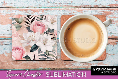 Watercolor Flowers Square Coaster - Floral Pink Sublimation Sublimation OrangeBrushStudio 