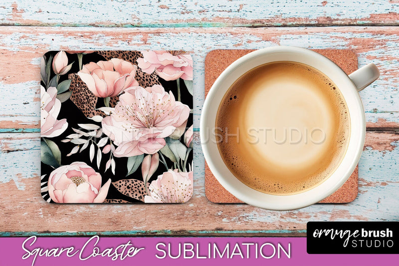 Watercolor Flowers Square Coaster - Floral Pink Sublimation Sublimation OrangeBrushStudio 