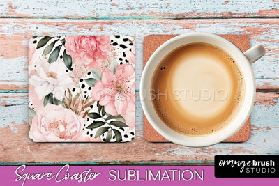 Watercolor Flowers Square Coaster - Floral Pink Sublimation Sublimation OrangeBrushStudio 