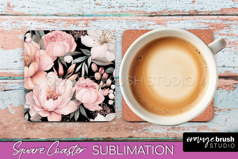 Watercolor Flowers Square Coaster - Floral Pink Sublimation Sublimation OrangeBrushStudio 