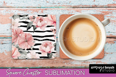 Watercolor Flowers Square Coaster - Floral Pink Sublimation Sublimation OrangeBrushStudio 
