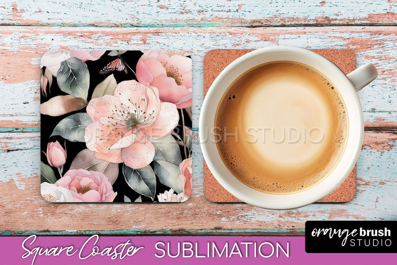 Watercolor Flowers Square Coaster - Floral Pink Sublimation Sublimation OrangeBrushStudio 