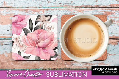 Watercolor Flowers Square Coaster - Floral Pink Sublimation Sublimation OrangeBrushStudio 