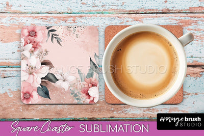 Watercolor Flowers Square Coaster - Floral Pink Sublimation Sublimation OrangeBrushStudio 