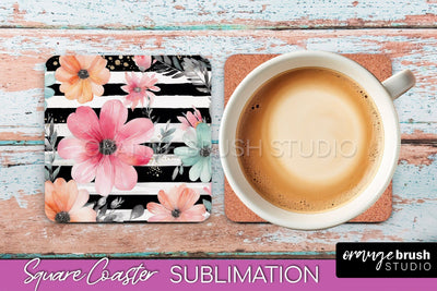 Watercolor Flowers Square Coaster - Floral Pink Sublimation Sublimation OrangeBrushStudio 